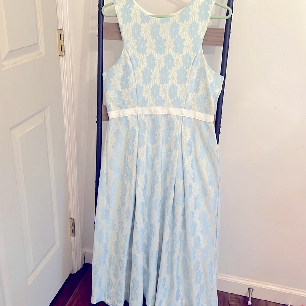 Miami Blue and White Floral Lace Midi Dress